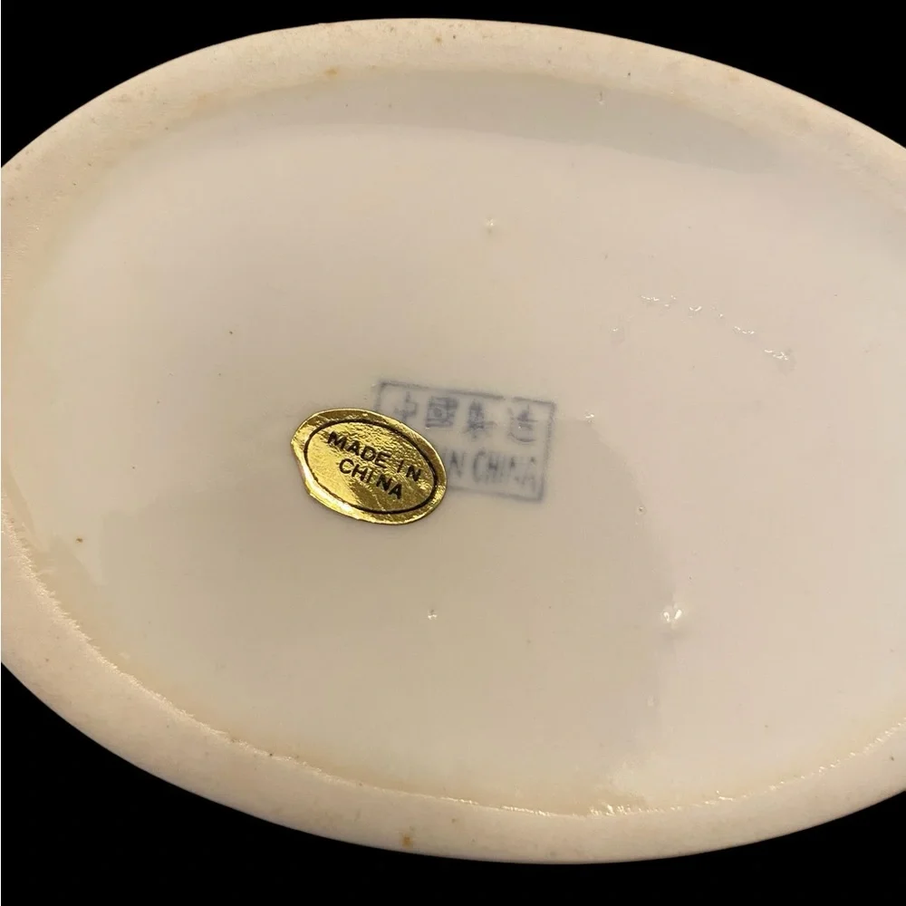 Vintage Chinoiserie Porcelain Oval Trinket Box Mint in Box Floral Blue Pink
